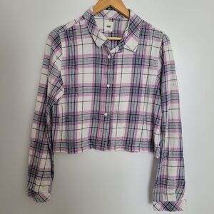 Vans Box Car II Cropped Plaid Button-Up Shirt Flannel Size XL Pink Boxy